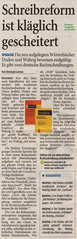Zeitungsartikel "Schreibreform kl&auml;glich gescheitert