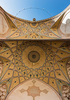 Bottom view of one of the iwans of the Agha Bozorg mosque, a historical mosque in Kashan, Iran.